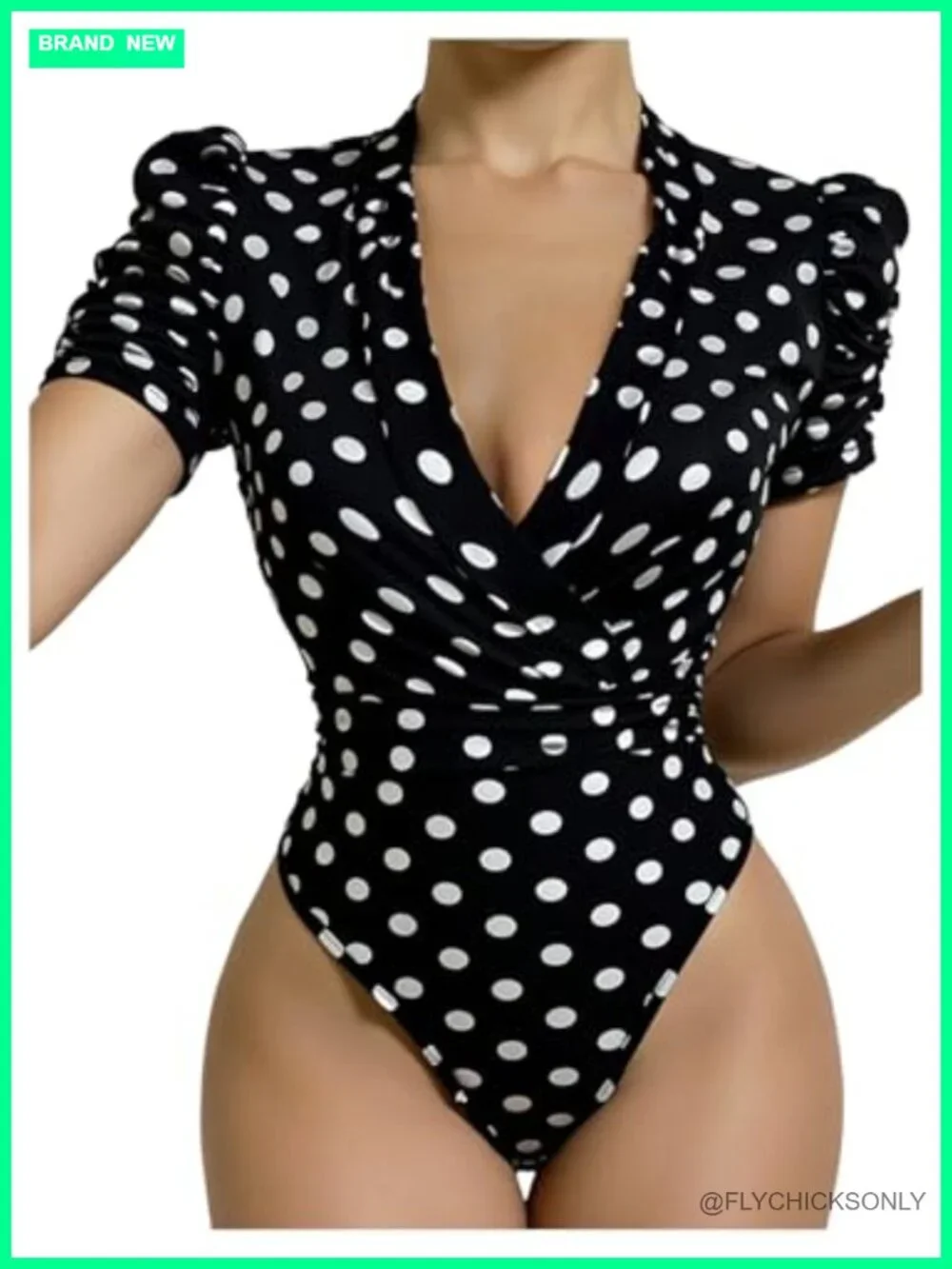 Polka Dots Puff Sleeve Wrap V Neck Bodysuit Top